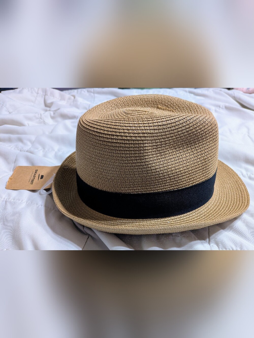 Women's Straw Trilby Hat Short Brim Fedora Black Band Travel Vacation